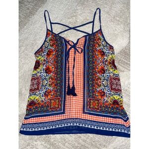 Boho Lace Up Tassel Cami Tank Top Orange Navy Floral Geometric Print Small